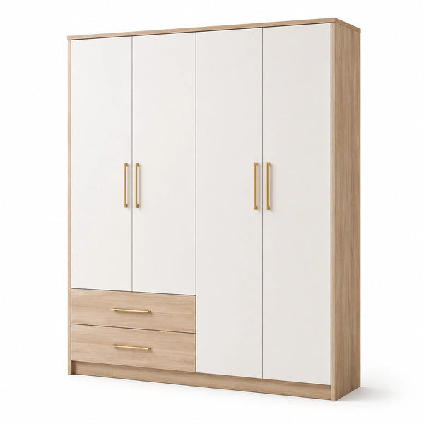 Armadio 4 Ante in Legno Composito Bianco e Rovere con 2 Cassetti