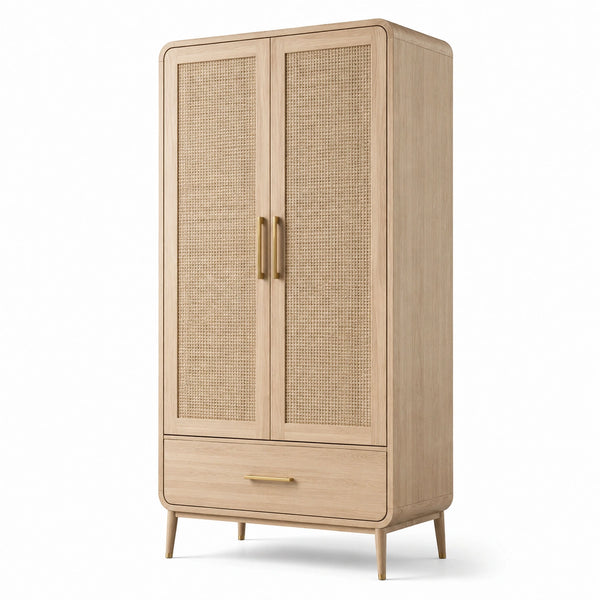 Armadio in legno con ante in rattan naturale 180x90x50 cm