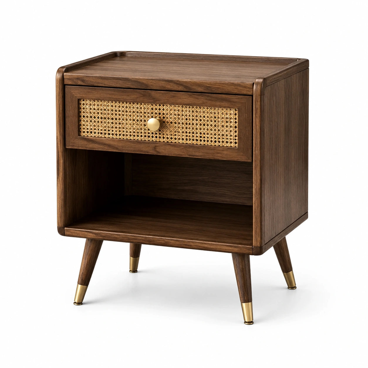 Comodino in legno e rattan marrone con dettagli in ottone