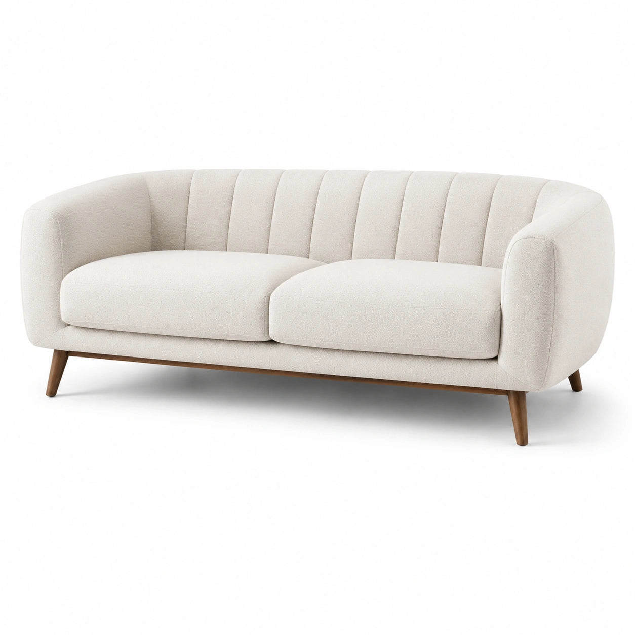 Divano a due posti in tessuto beige con gambe in legno