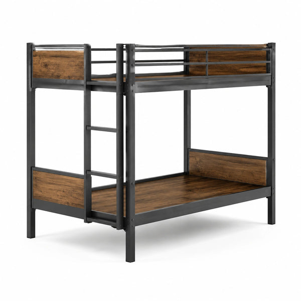 Letto a castello in metallo e legno con scala