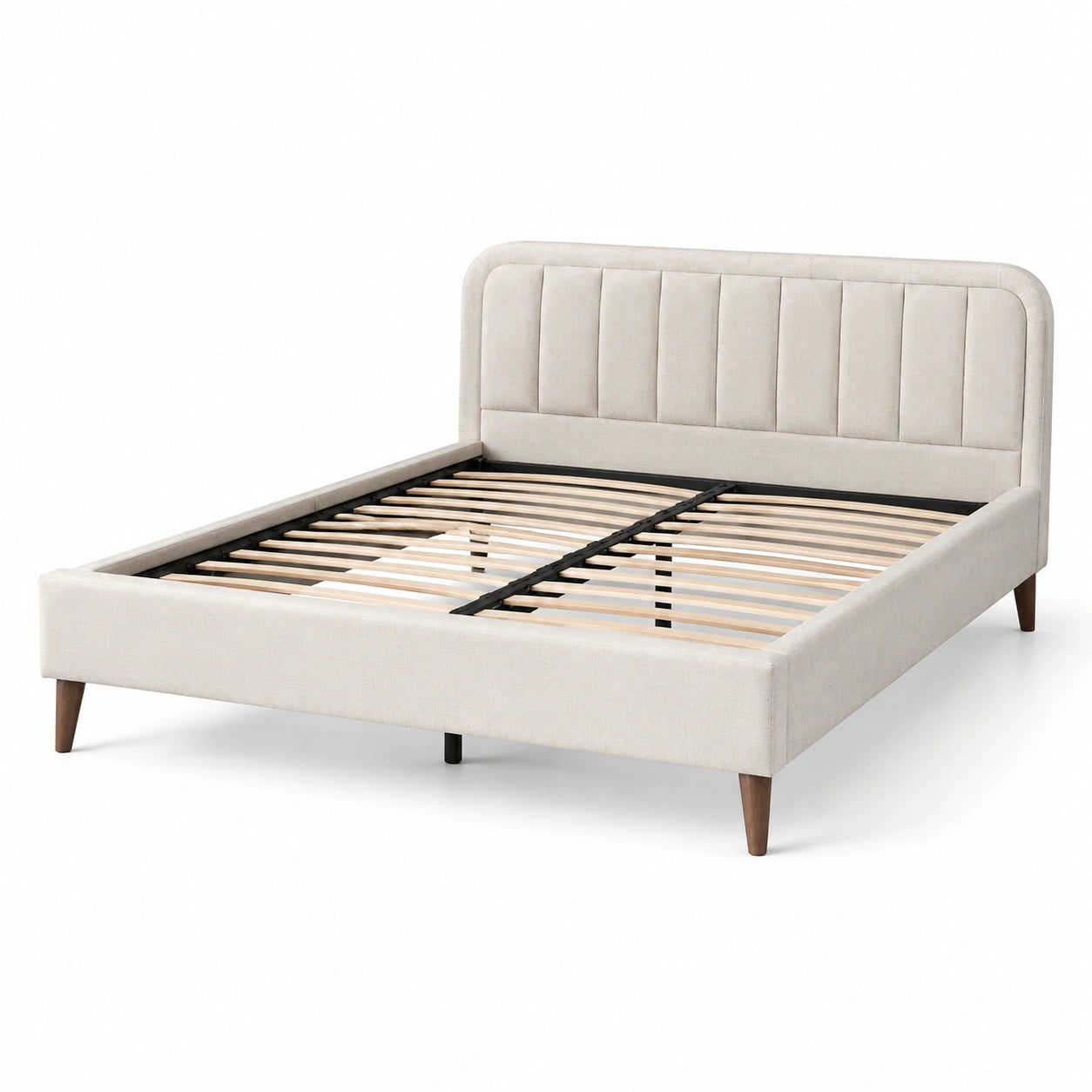 Letto Matrimoniale in Tessuto Beige con Struttura in Legno e Acciaio