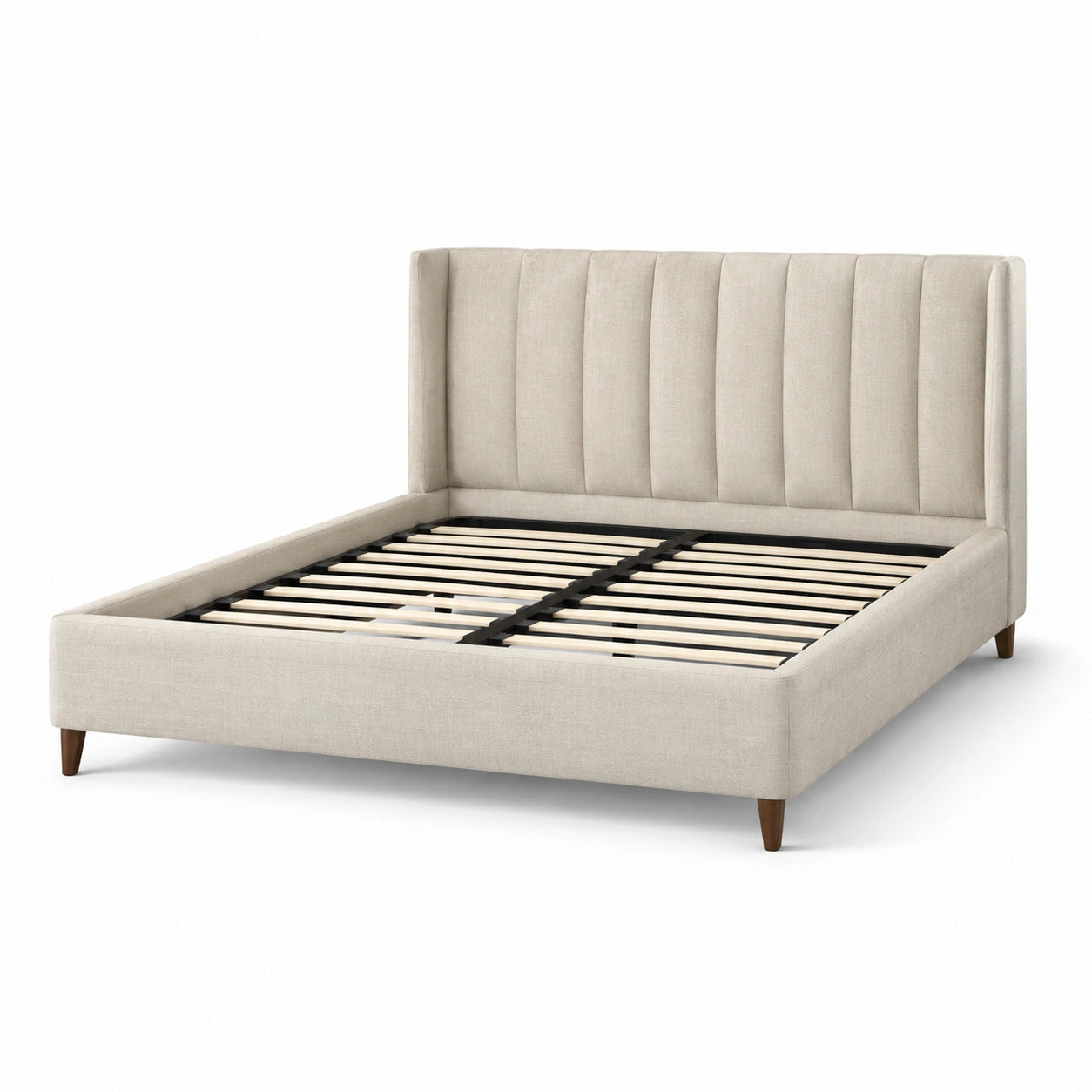 Letto matrimoniale in legno e tessuto poliestere beige con testiera