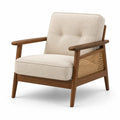 Poltrona in legno e rattan con seduta in tessuto beige 80x75x85 cm