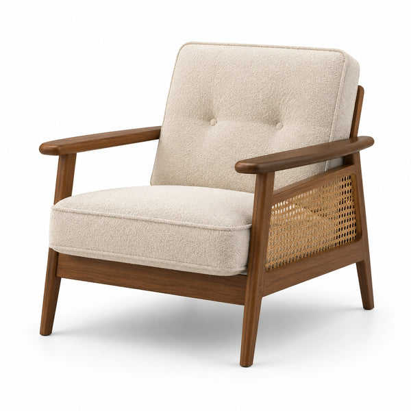 Poltrona in legno e rattan con seduta in tessuto beige 80x75x85 cm
