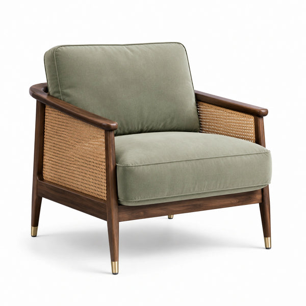 Poltrona in Tessuto Verde con Struttura in Legno e Rattan