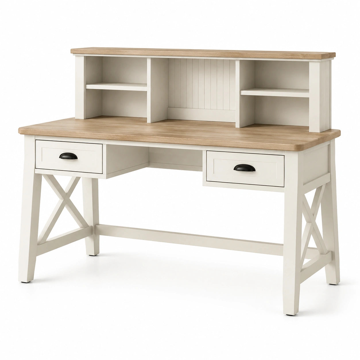 Scrivania in Legno di Pino e Superficie MDF Bianco con Scaffali e Cassetti