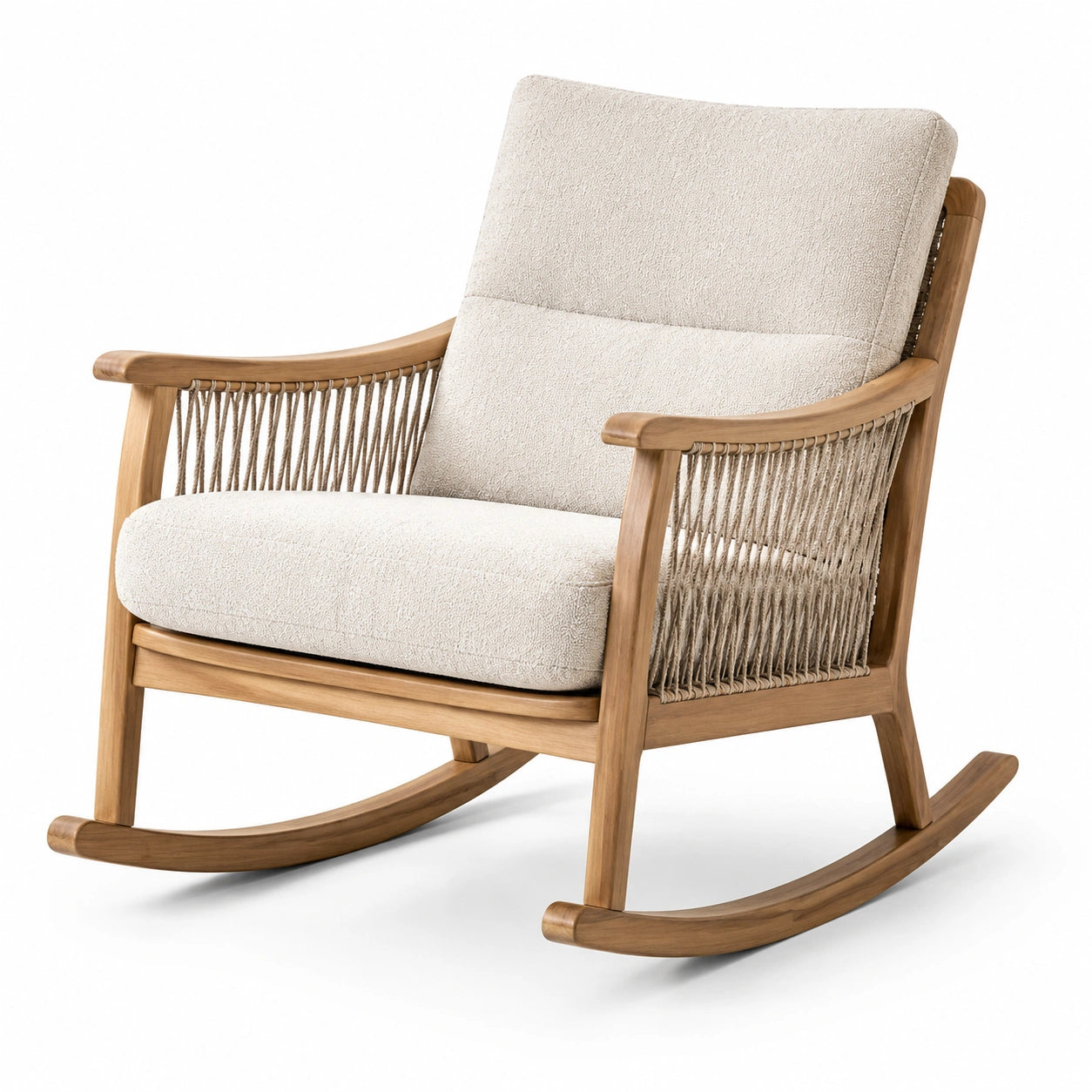 Sedia a dondolo in legno e tessuto beige