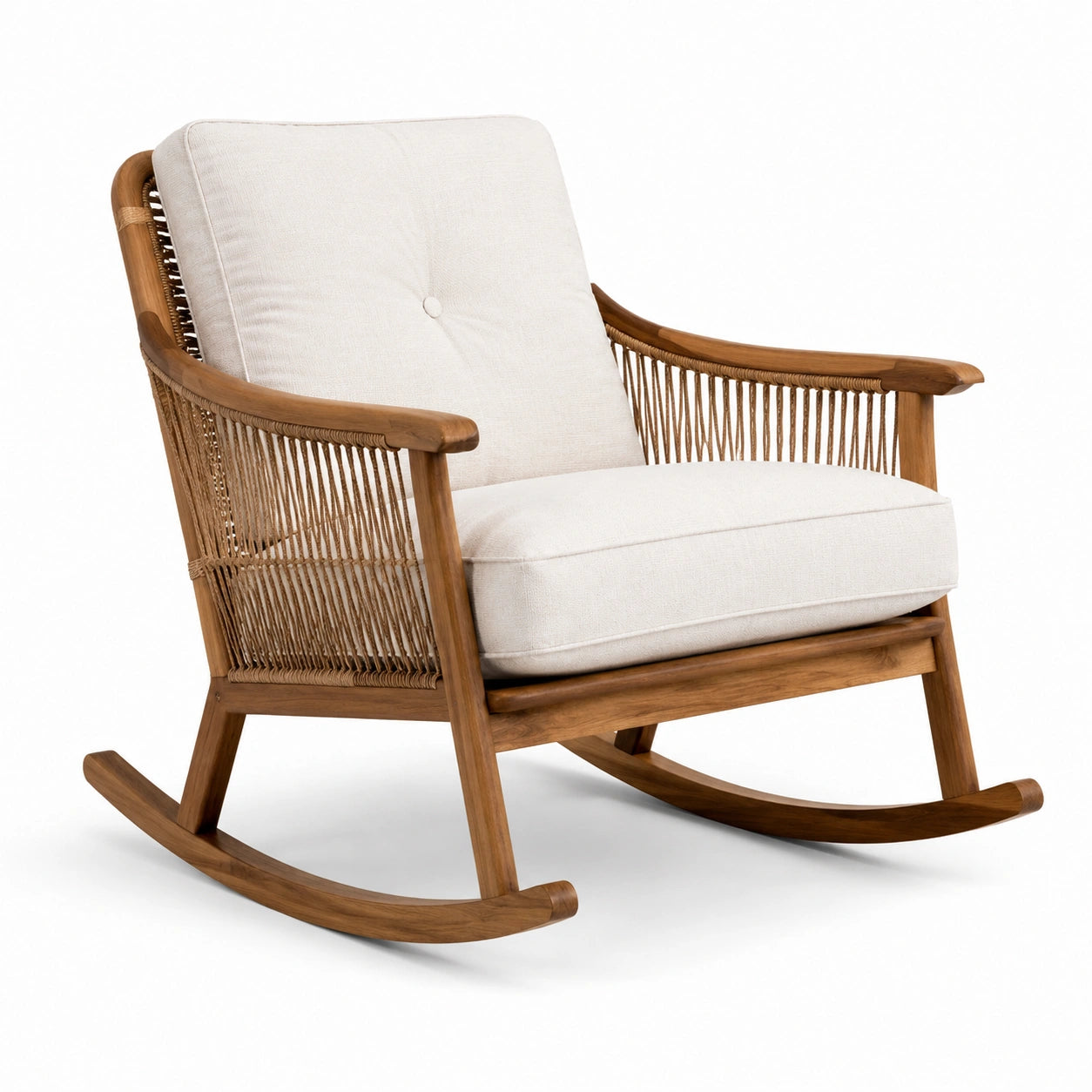 Sedia a dondolo in legno con cuscini beige e corda intrecciata