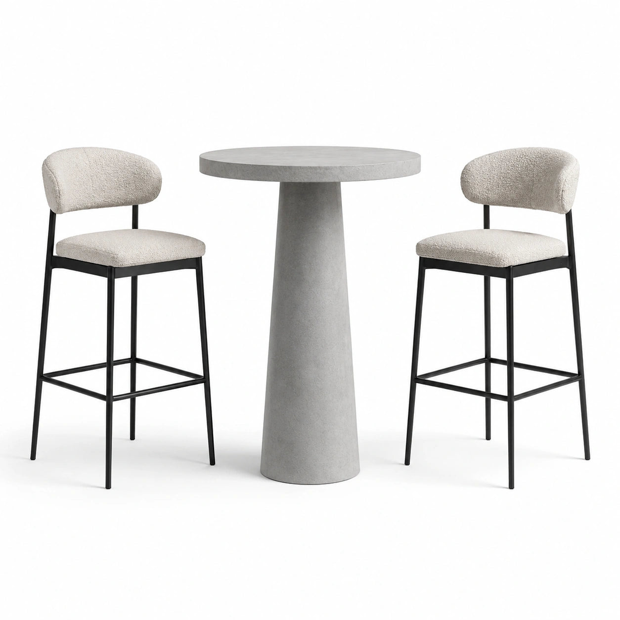 Set da bar in cemento e metallo con sedie in tessuto