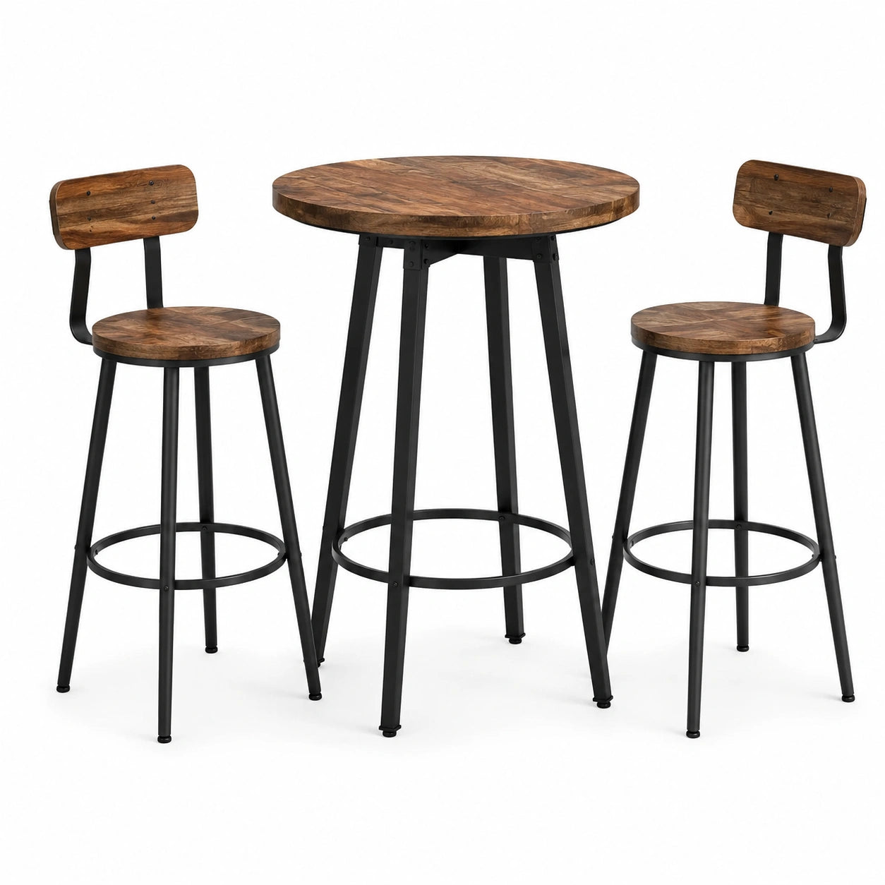 Set da bar in legno e metallo con tavolo e 2 sgabelli