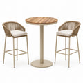 Set bar con tavolo rotondo in legno e sedie alte in metallo e corda beige