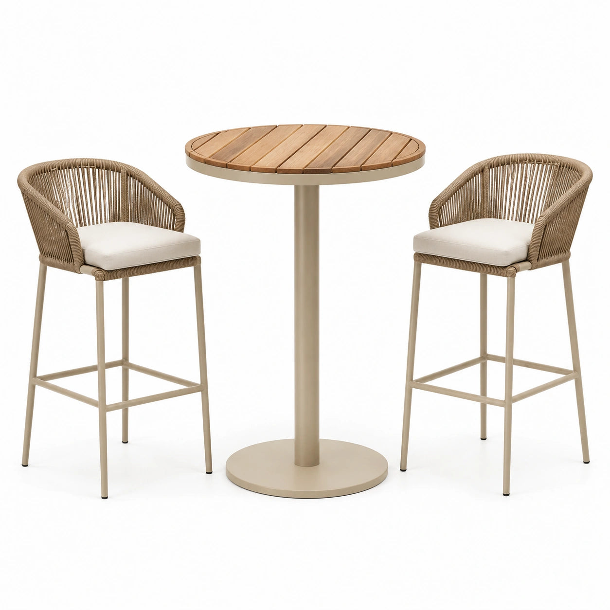 Set bar con tavolo rotondo in legno e sedie alte in metallo e corda beige